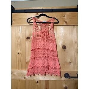 Lace Tiered Sleeveless Pink Crocheted Swimsuit Coverup Dress Size Est S/M